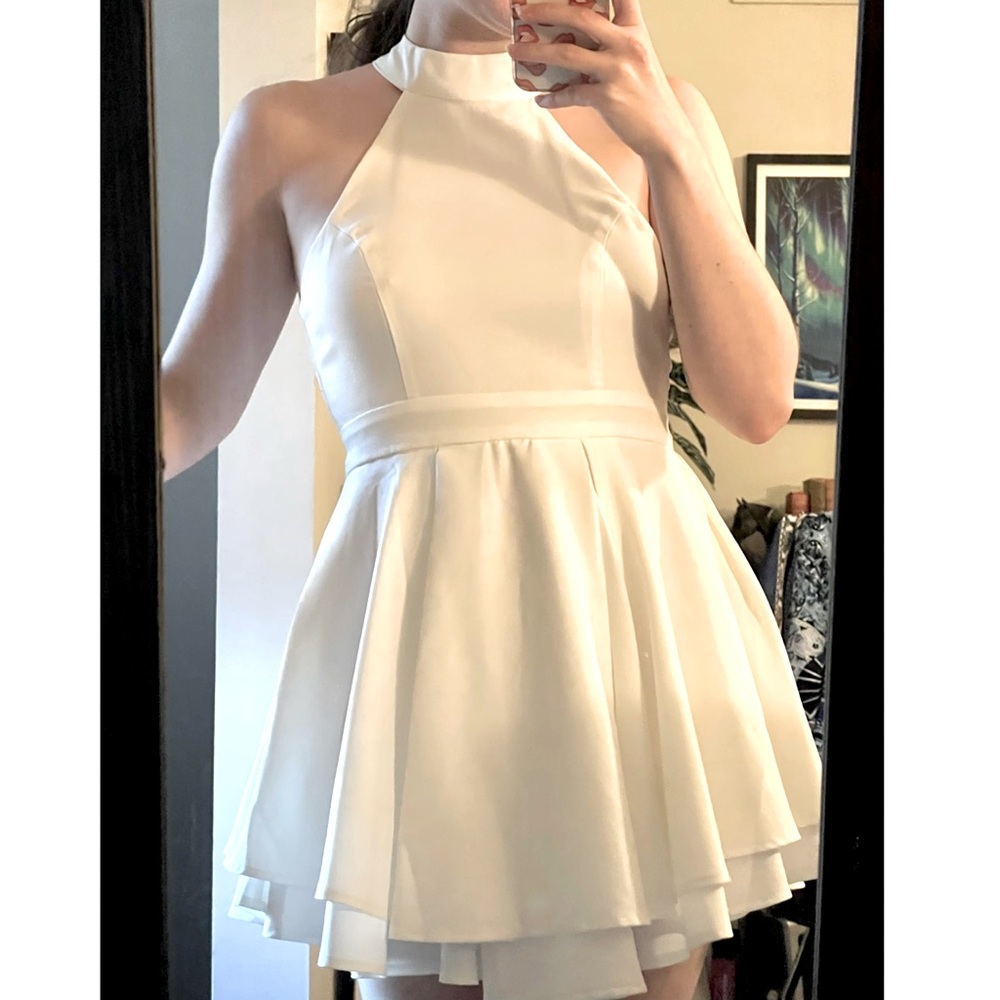 White mini halter dress with cutout back
